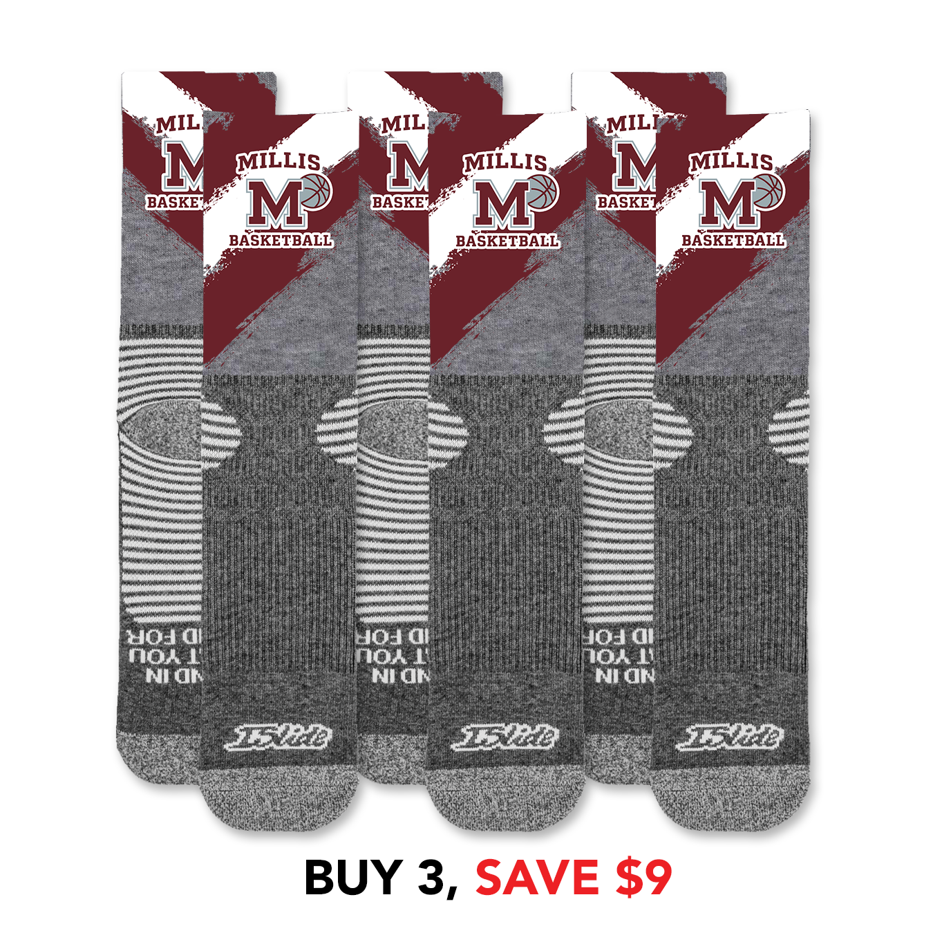 Millis Basketball Athletic Sock Paint Stripes Three Pack